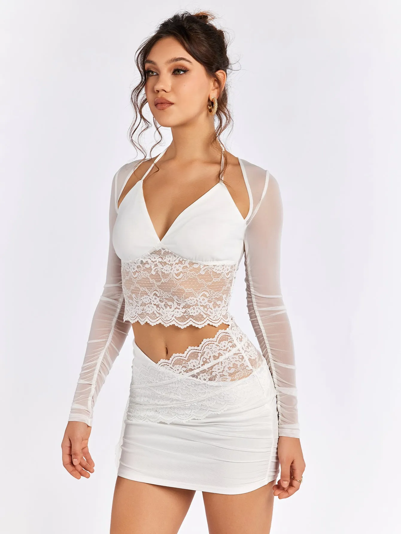 Halter Mesh Patchwork Lace Top&Embellished Lace Bodycon Skirt