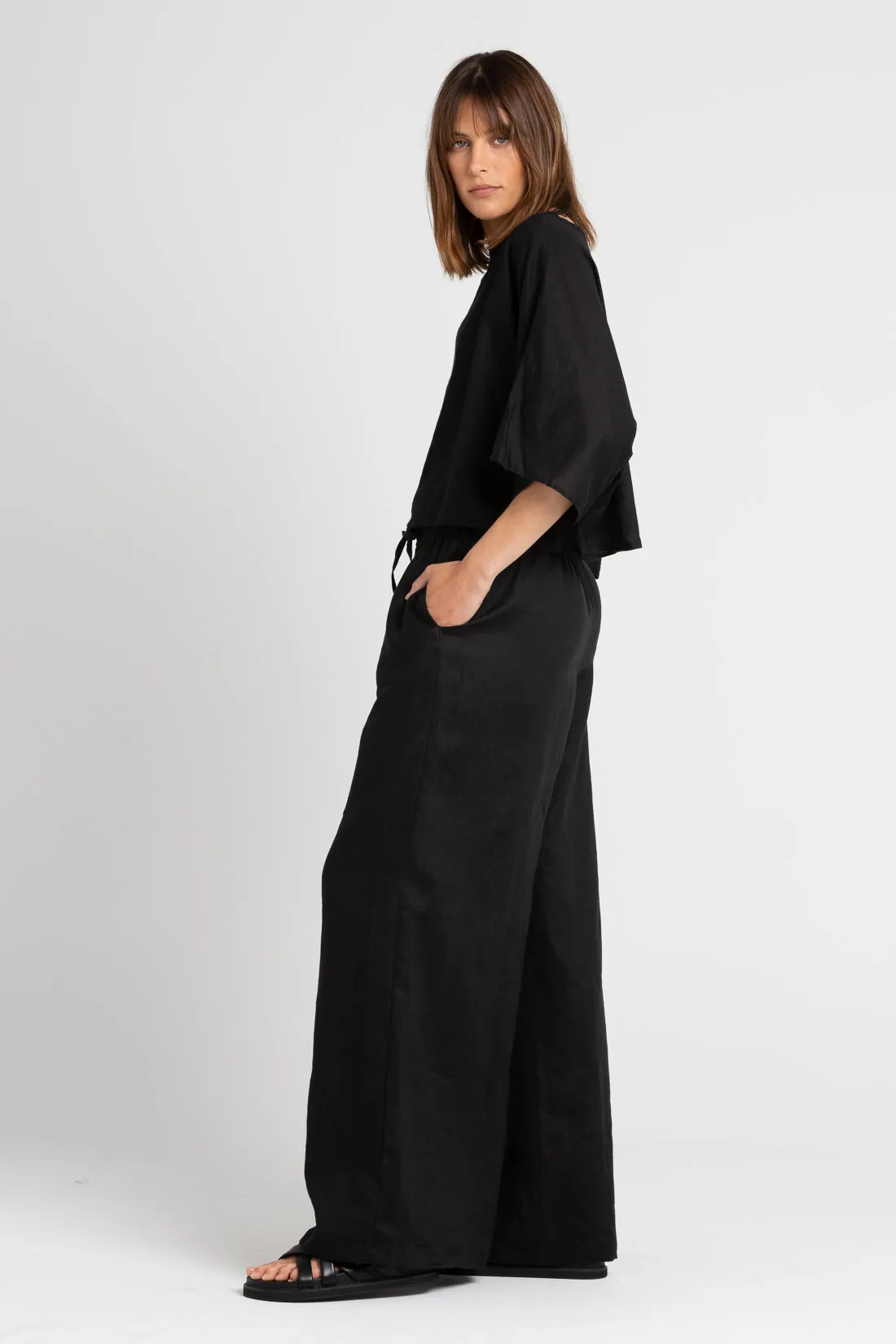 Jonathan Wide Leg Linen Pant  Black