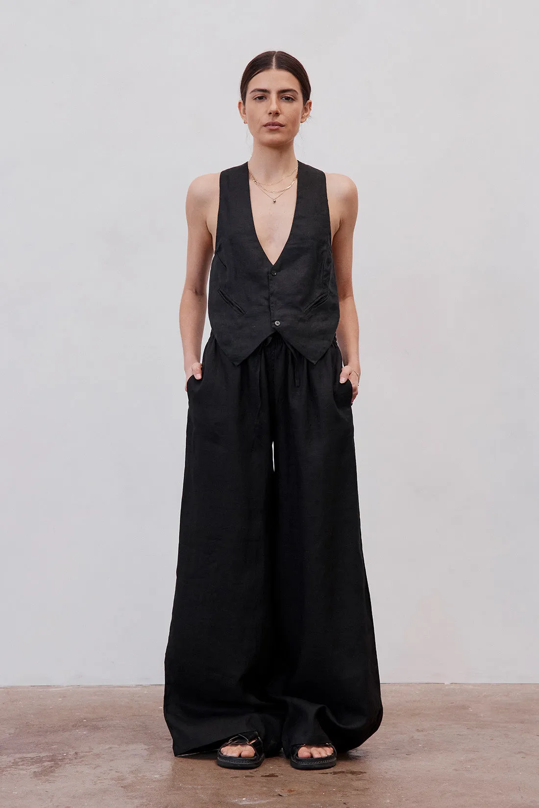 Jonathan Wide Leg Linen Pant  Black