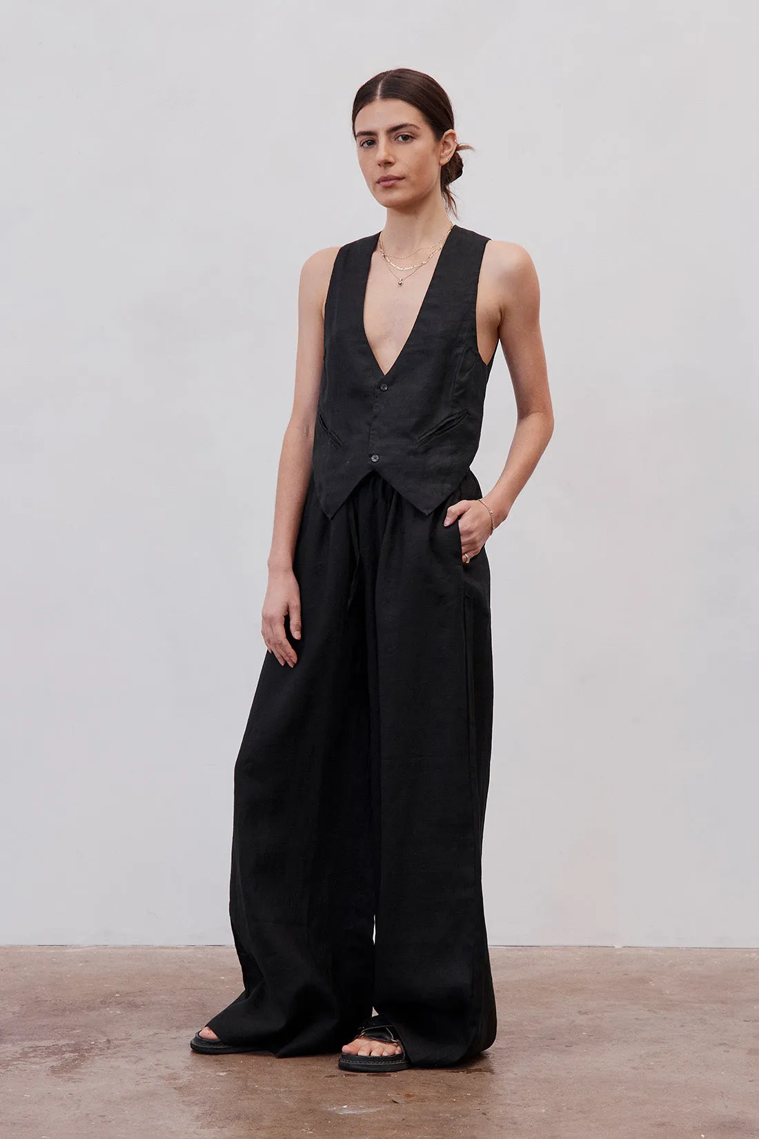 Jonathan Wide Leg Linen Pant  Black