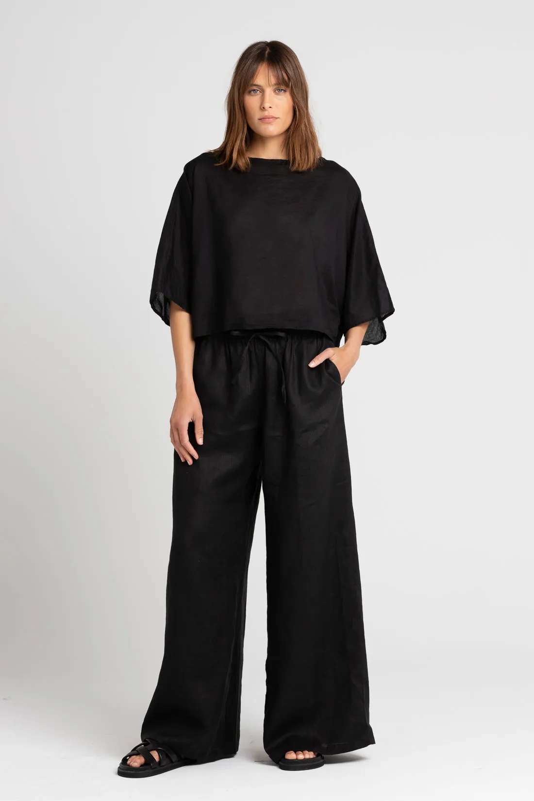 Jonathan Wide Leg Linen Pant  Black