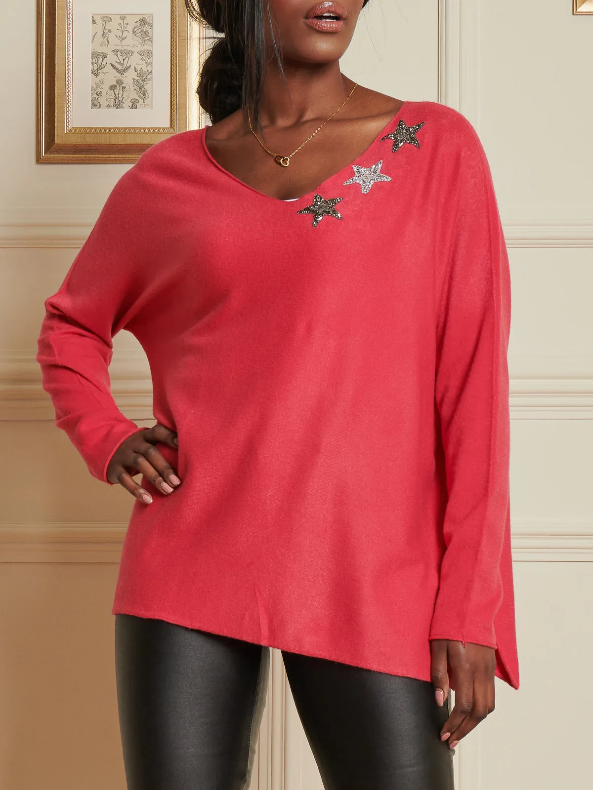 Knitted Rhinestone Star Neck Jumper, Punch Pink