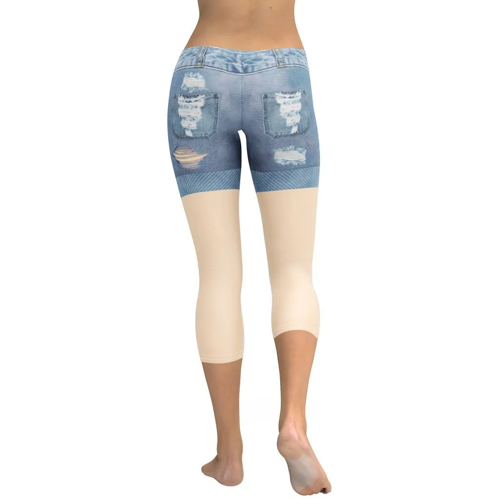 Light Tone Denim Shorts Print Capris