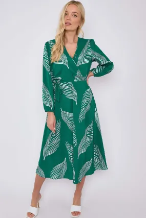 LOVE SUNSHINE Green Plam Leaf Printed V Neck Midi Dress