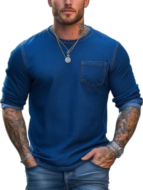 Men's Retro Round Neck Single Pocket Denim Long Sleeve T-Shirt