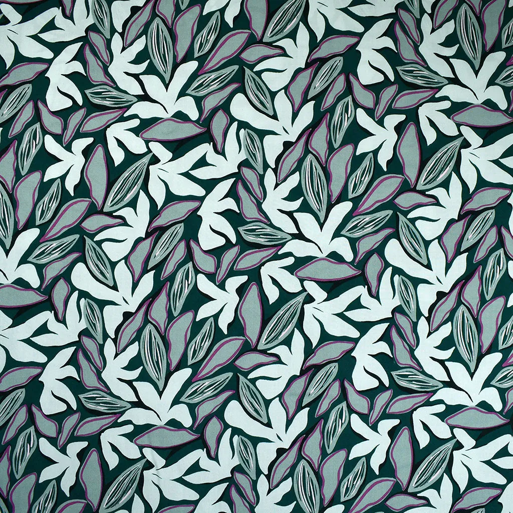 Modern Abstract Leaves Rayon Challis Evergreen/Sea Glass