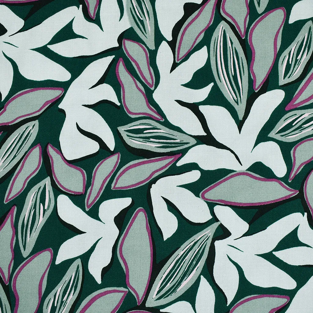 Modern Abstract Leaves Rayon Challis Evergreen/Sea Glass