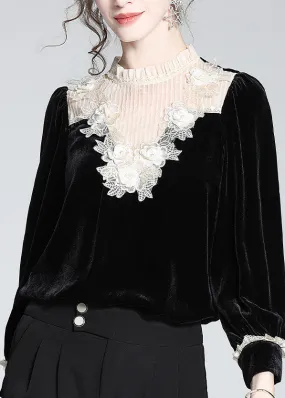 Modern Black Stand Collar Lace Patchwork Silk Velour Tops AC3010