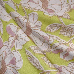 Modern Floral Outline Linen Blend Shirting Lime/Lavender