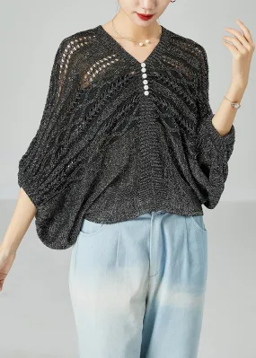 Modern Grey Oversized Hollow Out Knit Tops Batwing Sleeve LY2422