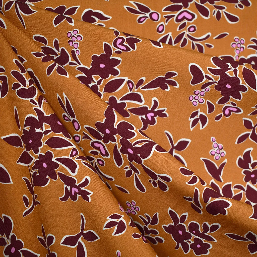 Modern Outlined Floral Rayon Challis Amber/Burgundy