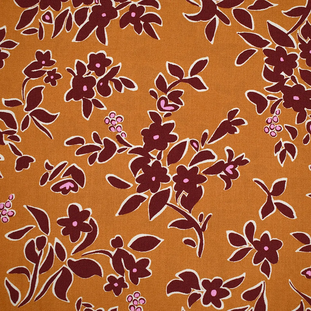 Modern Outlined Floral Rayon Challis Amber/Burgundy