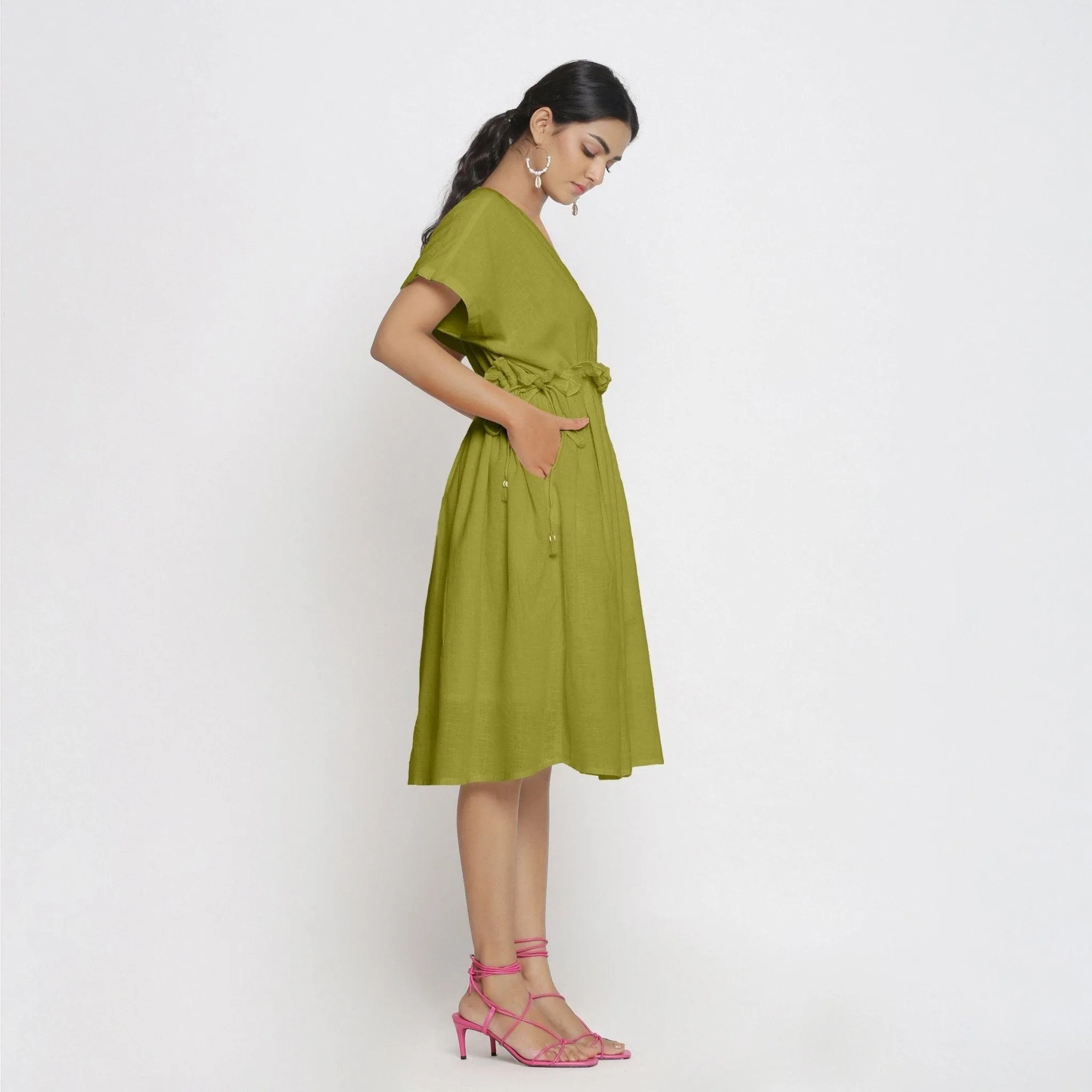 Olive Green Frilled Cotton Knee Length Bohemian Dress