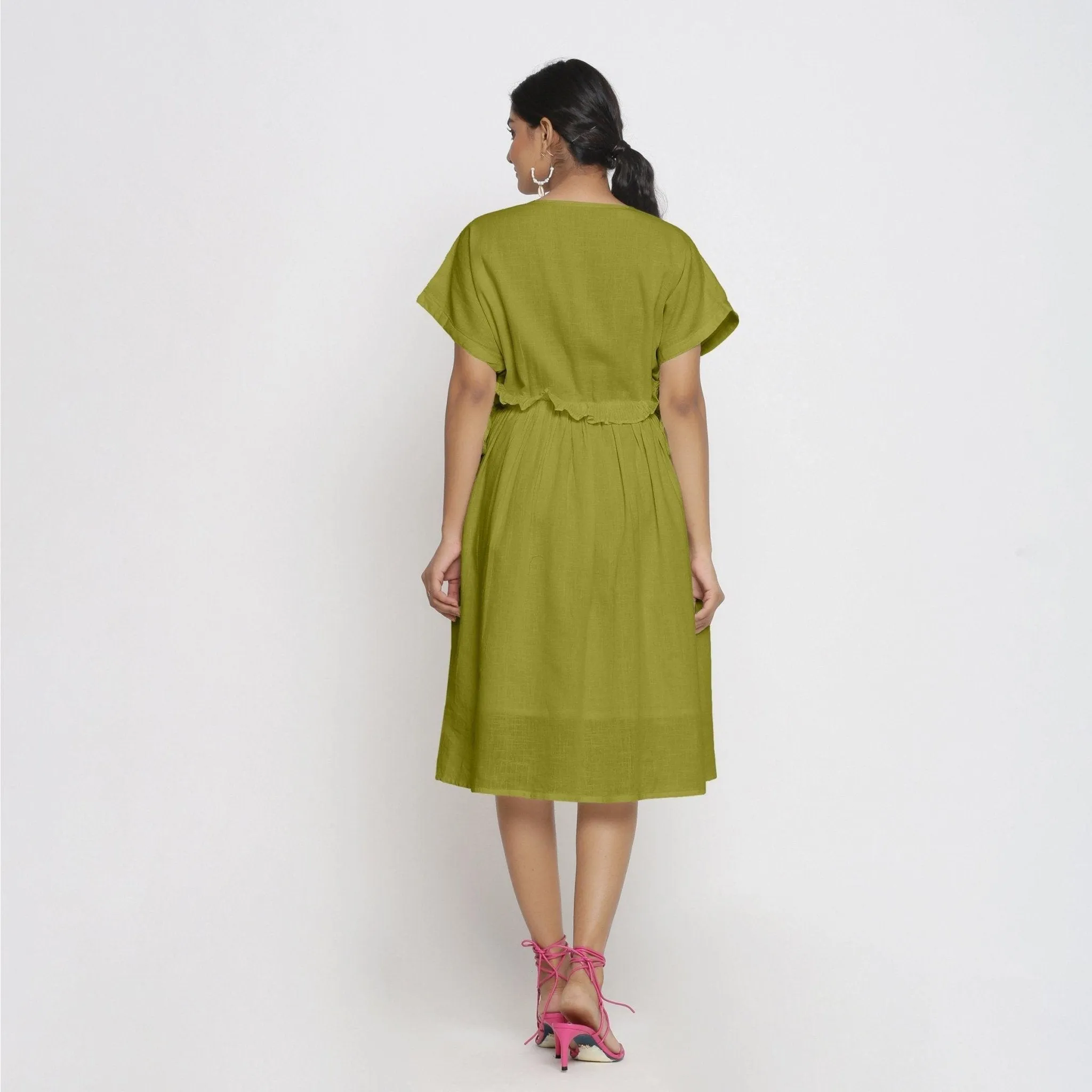 Olive Green Frilled Cotton Knee Length Bohemian Dress