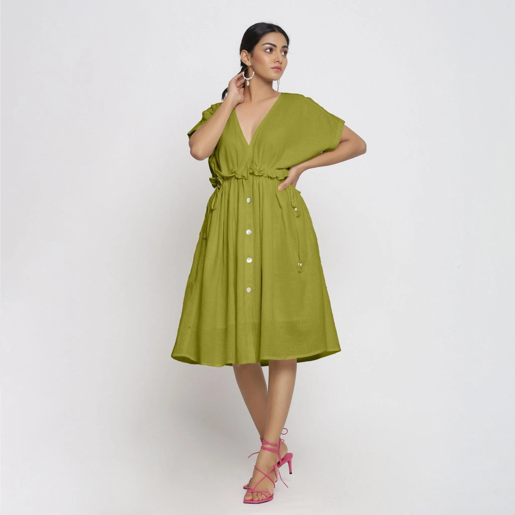 Olive Green Frilled Cotton Knee Length Bohemian Dress