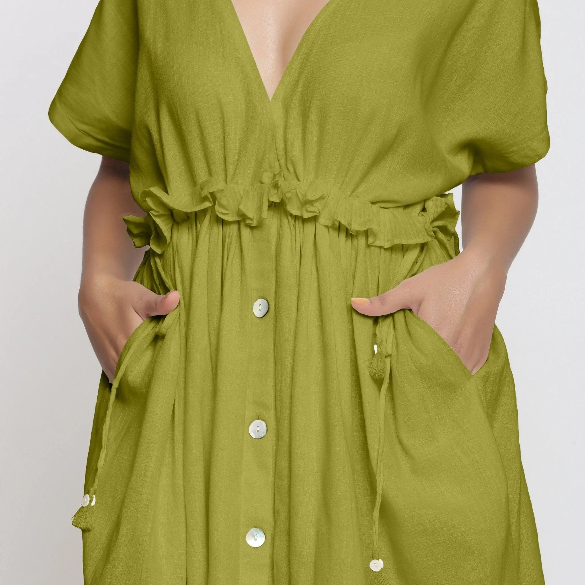 Olive Green Frilled Cotton Knee Length Bohemian Dress