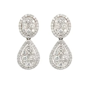 Oval and Pear Shaped Diamond Cluster Halo Dangle Earrings in White Gold, 2.0 cttw