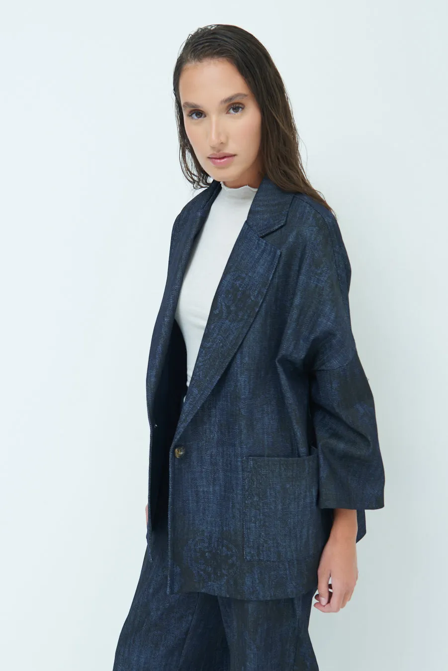 Oversized denim blazer with notched lapel wholesale