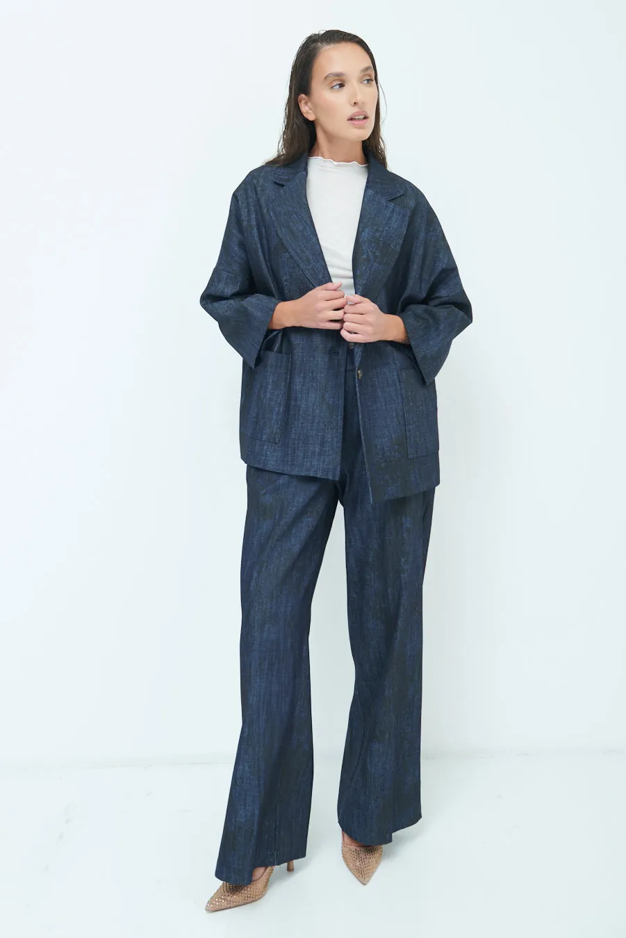 Oversized denim blazer with notched lapel wholesale