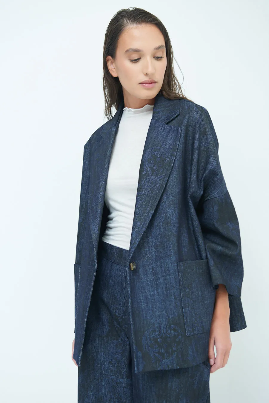 Oversized denim blazer with notched lapel wholesale