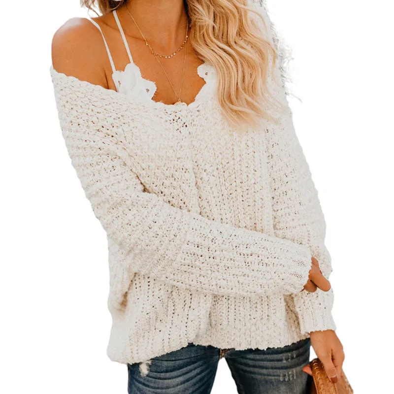 Oversized White Deep V Long Sleeve Popcorn Pullover Knit Sweater