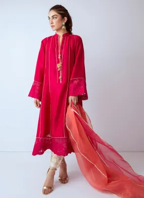 Pakistani designer silk dress in fresh red color # P2272