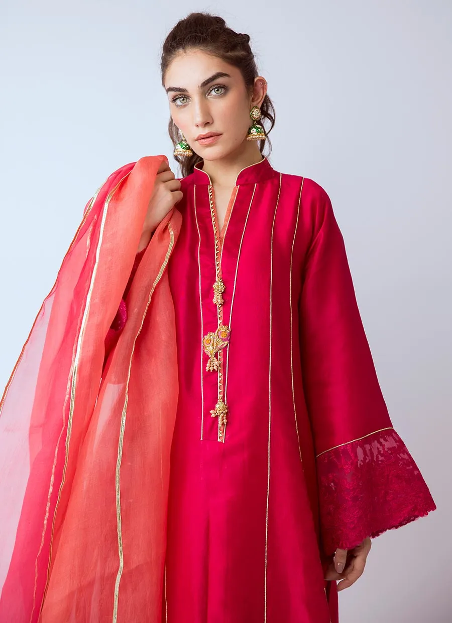 Pakistani designer silk dress in fresh red color # P2272