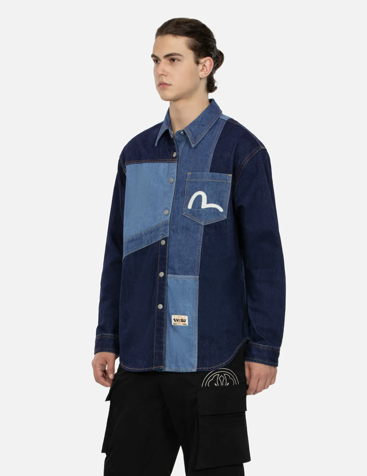 Patchwork with Seagull Embroidery Relax Fit Denim Shirt