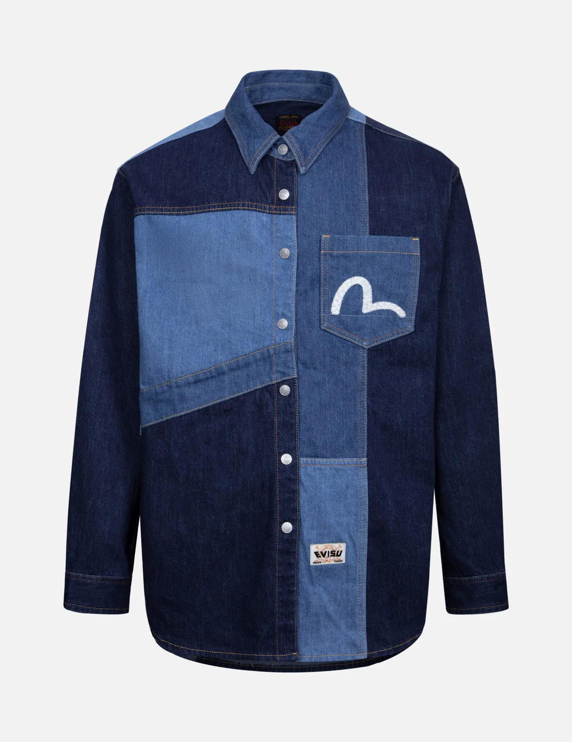 Patchwork with Seagull Embroidery Relax Fit Denim Shirt