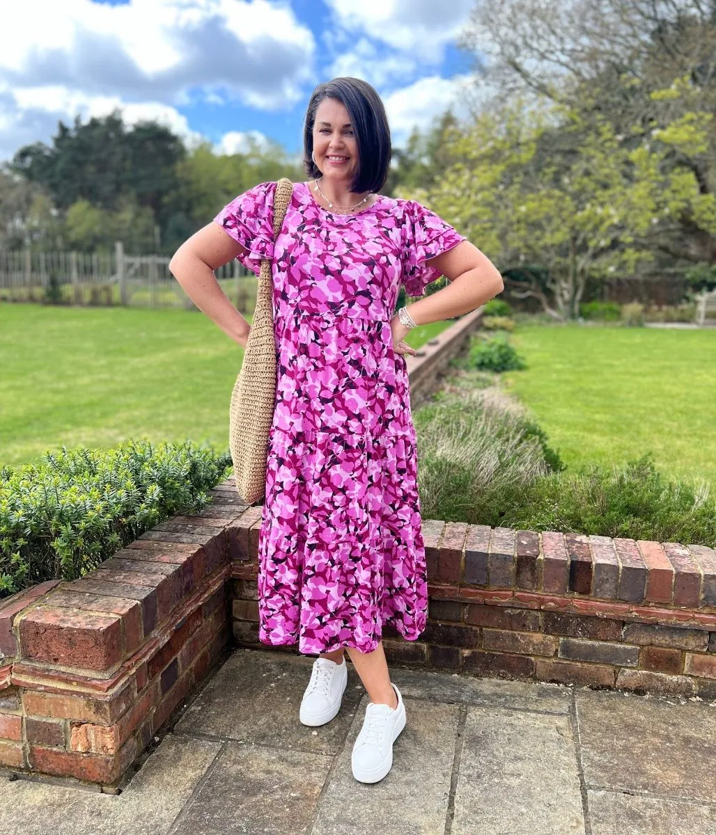 Pink Floral Stretch Midi Dress