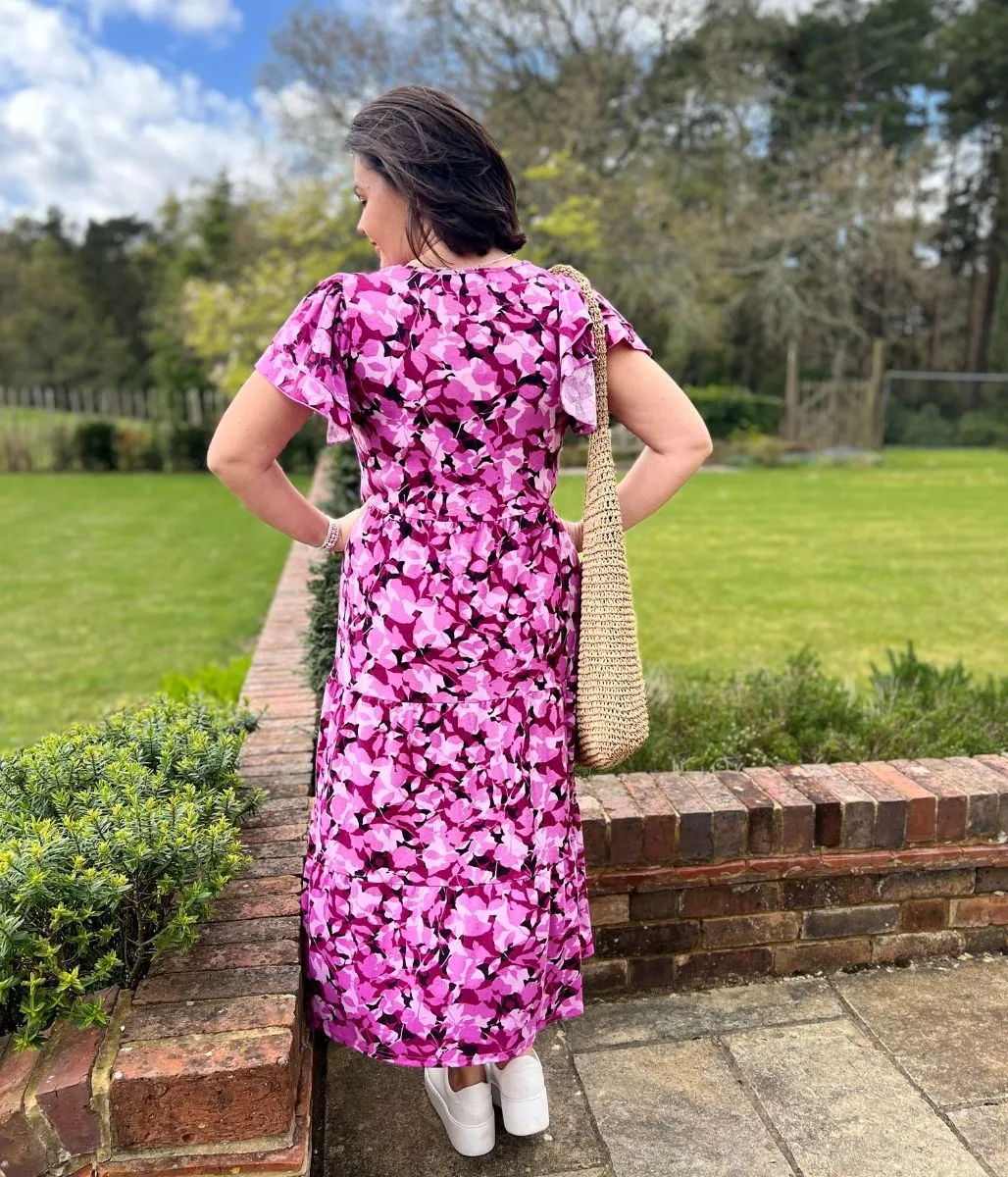 Pink Floral Stretch Midi Dress