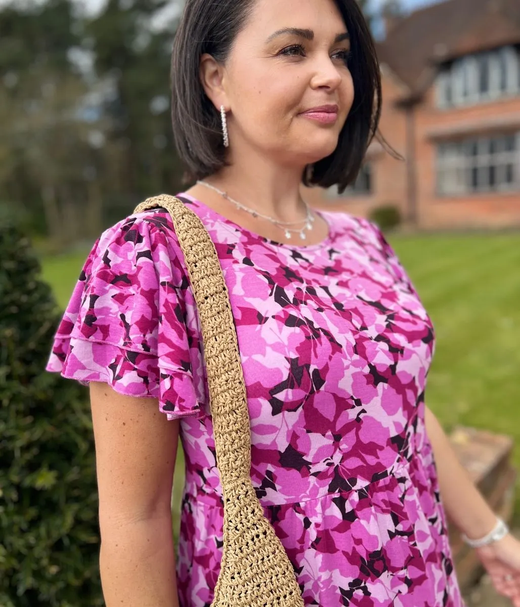 Pink Floral Stretch Midi Dress