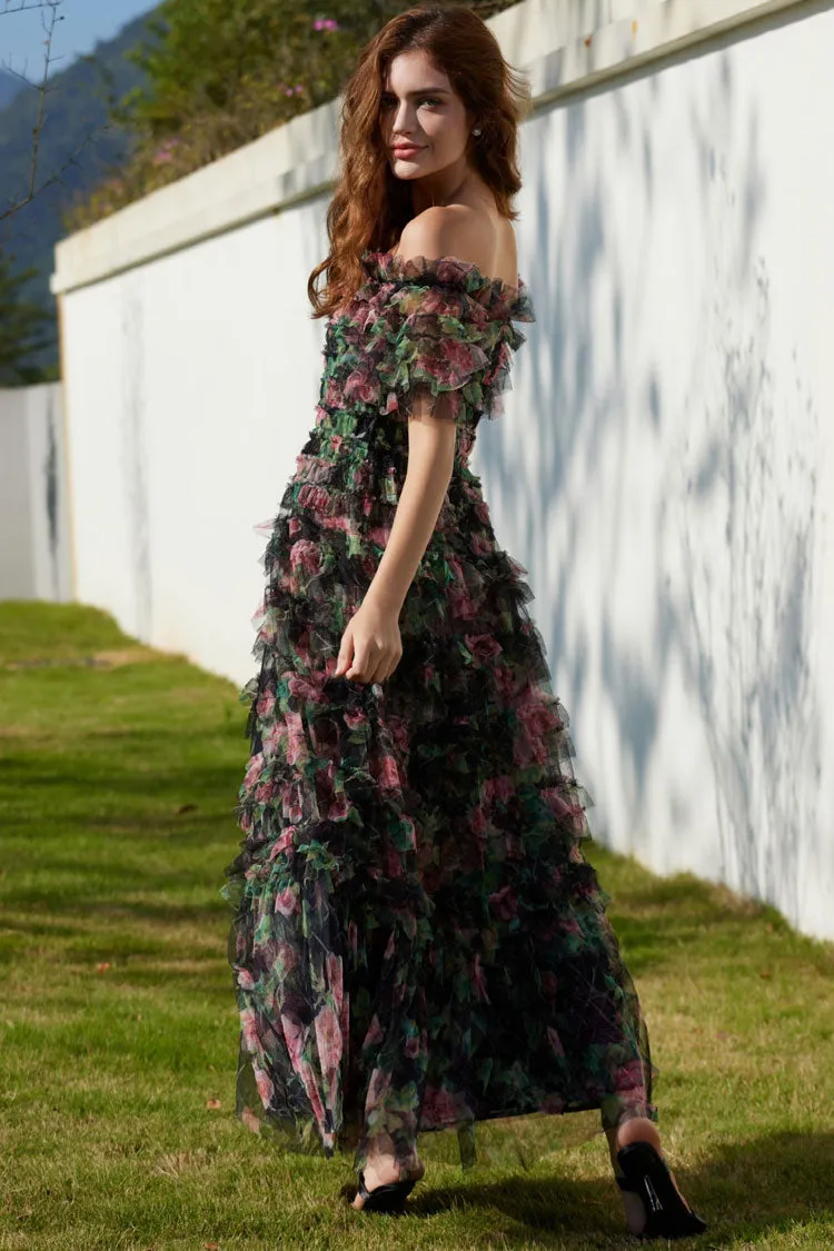 Romantic Ruffle Off Shoulder Floral Printed Tulle Evening Maxi Dress - Black