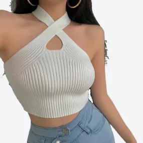 Stylish Cross-Neck Ribbed Crop Tops