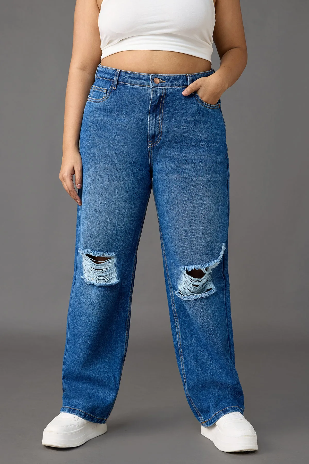 Timeless Knee-Distressed Wide Leg Jeans Curve