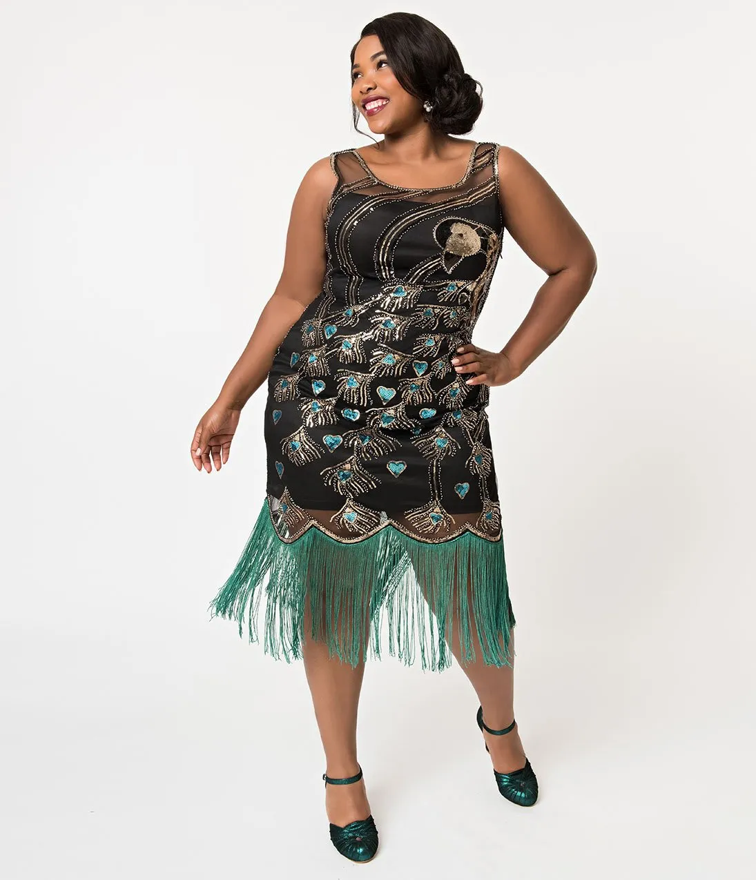 Unique Vintage Plus Size 1920s Black & Green Beaded Antoinette Peacock Flapper