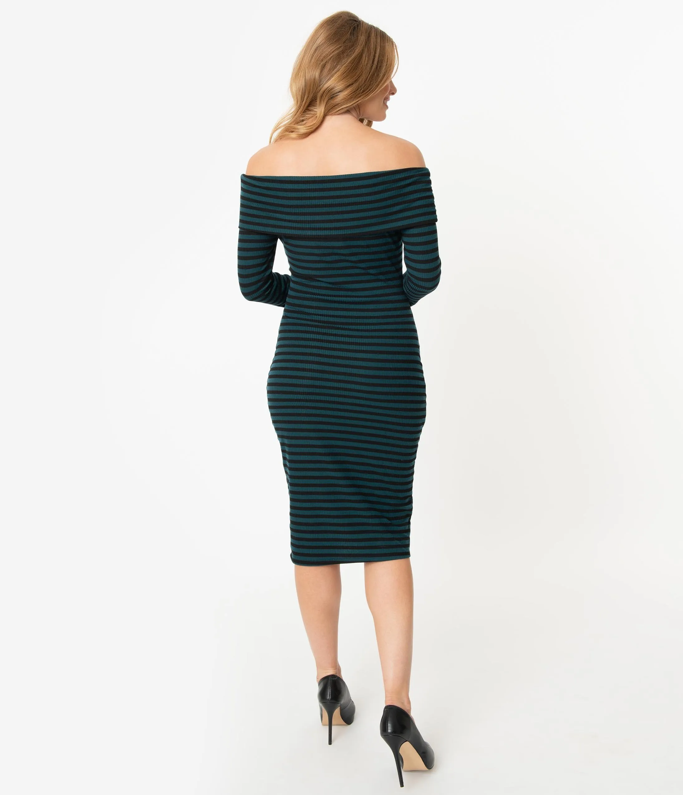 Unique Vintage Teal & Black Stripe Off Shoulder Vickie Wiggle Dress