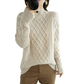 Women's Loose Fit Turtleneck Twisted Wool Sweater